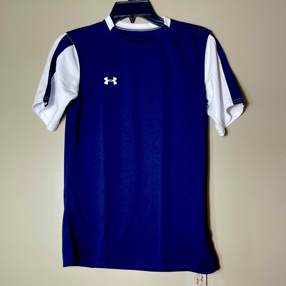 Under Armour Women’s UA Heat Gear Fitted Soccer workout gym Jersey Navy / White